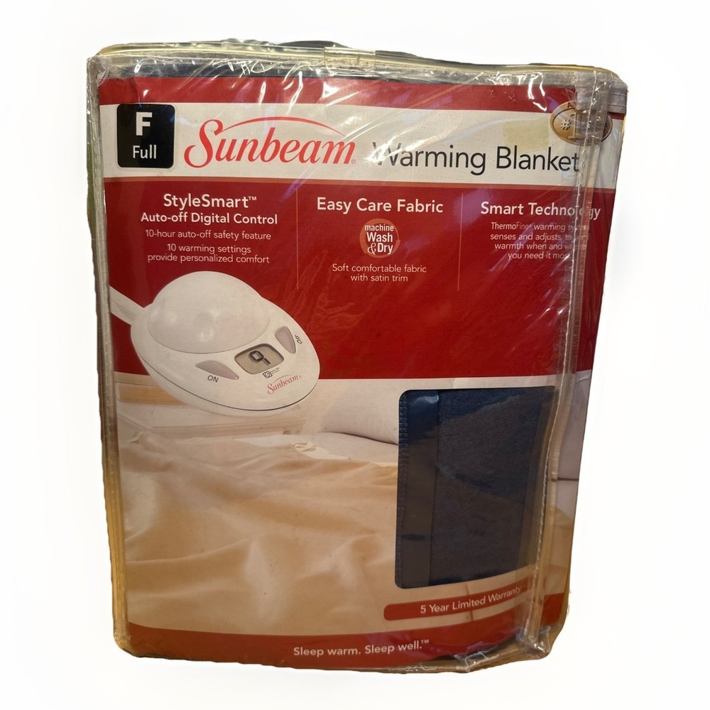 New Sunbeam 2004 Navy Blue‎ Heated Warming Blanket 10 Heat Settings Full 72 x 83